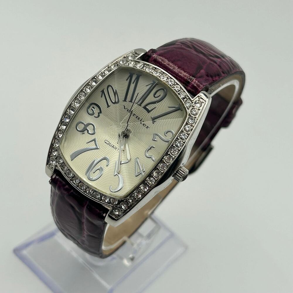 Vernier Tonneau-shaped Case Crystals Purple Textured Leather Women’s Watch